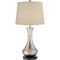 360 Lighting Simon Modern Table Lamps 25 1/2" High Set Of 2 Brushed Nickel With USB Charging Port Burlap Fabric Drum Shade For Bedroom Bedside Desk -Finest Home Decoration GUEST 05044035 8d0d 4d06 ae27 877e51d610f2
