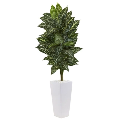 Nearly Natural 4-ft Zebra Plant In White Tower Planter 3 Nearly Natural 4-ft Zebra Plant In White Tower Planter