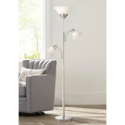 360 Lighting Jordan Modern Torchiere Floor Lamp With Side Lights 71 1/2" Tall Brushed Nickel Alabaster Glass Shade For Living Room Reading Bedroom