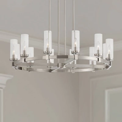 Stiffel Brushed Nickel Wagon Wheel Chandelier 36" Wide Modern Clear Glass Shade 12-Light Fixture For Dining Room House Kitchen 3 Stiffel Brushed Nickel Wagon Wheel Chandelier 36" Wide Modern Clear Glass Shade 12-Light Fixture For Dining Room House Kitchen