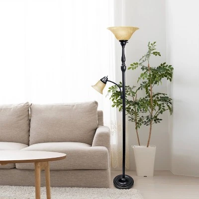 Torchiere Floor Lamp With Reading Light And Marble Glass Shades Restoration Bronze And Amber - Lalia Home 5 Torchiere Floor Lamp With Reading Light And Marble Glass Shades Restoration Bronze And Amber - Lalia Home - Image 3
