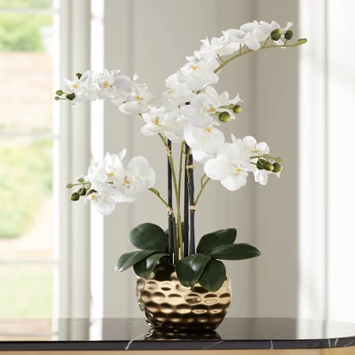Dahlia Studios Potted Faux Artificial Flowers Realistic White Phalaenopsis Orchid In Gold Ceramic Pot Home Decoration 23" High 3 Dahlia Studios Potted Faux Artificial Flowers Realistic White Phalaenopsis Orchid In Gold Ceramic Pot Home Decoration 23" High