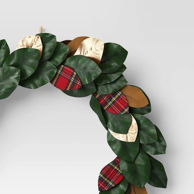 28" Mixed Leaves Artificial Christmas Wreath Green/Plaid/Gold - Wondershop™ 4 28" Mixed Leaves Artificial Christmas Wreath Green/Plaid/Gold - Wondershop™ - Image 2