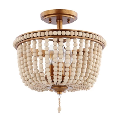 14" LED 3-Light Allie Wood Bead/Iron Pendant Antique Gold/Taupe - JONATHAN Y 4 14" LED 3-Light Allie Wood Bead/Iron Pendant Antique Gold/Taupe - JONATHAN Y - Image 2