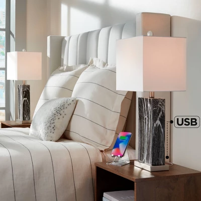 360 Lighting Connie Modern Table Lamps Set Of 2 25" High Black Faux Marble With USB Charging Ports White Rectangular Shade For Living Room House Desk 3 360 Lighting Connie Modern Table Lamps Set Of 2 25" High Black Faux Marble With USB Charging Ports White Rectangular Shade For Living Room House Desk