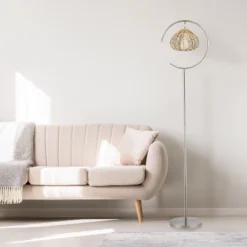 63.75" Isla High Brushed Nickel Iron Candlestick Floor Lamp With Round Tan Rattan Shade - River Of Goods -Finest Home Decoration GUEST 42518701 12d4 496b 8718 7c36f9ed5591