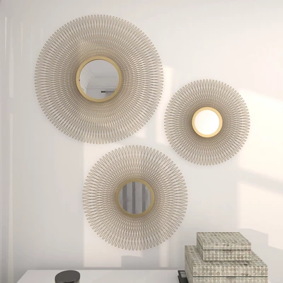Metal Sunburst Round Wall Decor With Mirror Accent Set Of 3 Gold - Olivia & May 6 Metal Sunburst Round Wall Decor With Mirror Accent Set Of 3 Gold - Olivia & May - Image 4