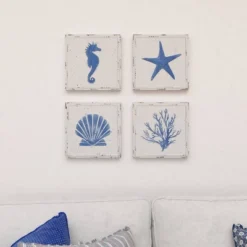 Set Of 4 Metal Sea Horse Speckled Wall Decors With Starfish Shell And Coral Designs Cream - Olivia & May -Finest Home Decoration GUEST 48c389be 9f69 4b05 a962 c6d687ad5a6f