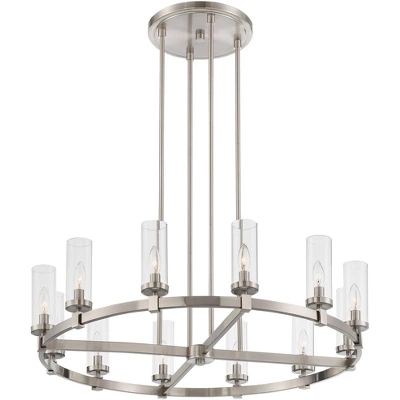 Stiffel Brushed Nickel Wagon Wheel Chandelier 36" Wide Modern Clear Glass Shade 12-Light Fixture For Dining Room House Kitchen 8 Stiffel Brushed Nickel Wagon Wheel Chandelier 36" Wide Modern Clear Glass Shade 12-Light Fixture For Dining Room House Kitchen - Image 6