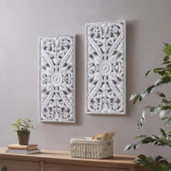(Set Of 2) 15.5" X 31.5" Botanical Wood Carved Wall Panel White -Finest Home Decoration GUEST 53613693 7e9c 4ebb b141 5637a0c3d8c3