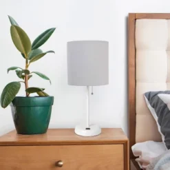 19.5" Bedside USB Port Feature Metal Table Desk Lamp White With Gray Fabric Shade - Creekwood Home -Finest Home Decoration GUEST 54c20bec ebc9 49e5 9131 f10e2faa8a40