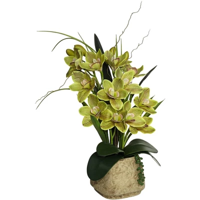 Dahlia Studios Potted Faux Artificial Flowers Realistic Green Cymbidium Orchid In Ceramic Pot Home Decoration Office 21 1/2" High 5 Dahlia Studios Potted Faux Artificial Flowers Realistic Green Cymbidium Orchid In Ceramic Pot Home Decoration Office 21 1/2" High - Image 3
