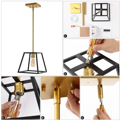 9.25" 1-Light Girard Farmhouse Industrial Iron LED Pendant Black/Brass Gold - JONATHAN Y 11 9.25" 1-Light Girard Farmhouse Industrial Iron LED Pendant Black/Brass Gold - JONATHAN Y - Image 9