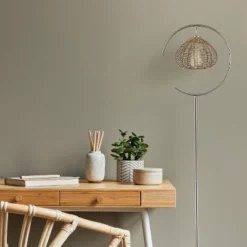 63.75" Isla High Brushed Nickel Iron Candlestick Floor Lamp With Round Tan Rattan Shade - River Of Goods -Finest Home Decoration GUEST 5d0951df f37a 43b2 8848 c209159ca7b6