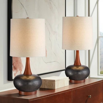 360 Lighting Andi Modern Mid Century Table Lamps 24 1/2" High Set Of 2 Hammered Brown Ceramic Red Oak Off White Shade For Bedroom Living Room Desk 3 360 Lighting Andi Modern Mid Century Table Lamps 24 1/2" High Set Of 2 Hammered Brown Ceramic Red Oak Off White Shade For Bedroom Living Room Desk