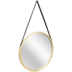 16" Pinewood Farmhouse Round Hanging Wall Mirror With Frame Leather Strap - Infinity Instruments -Finest Home Decoration GUEST 76a84196 4ec4 4fd5 b944 aca76069e544