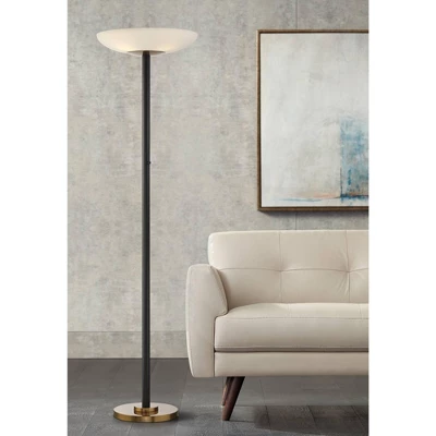 Possini Euro Design Modern Torchiere Floor Lamp LED 72" Tall Black Antique Brass White Glass Shade For Living Room Reading Uplight 3 Possini Euro Design Modern Torchiere Floor Lamp LED 72" Tall Black Antique Brass White Glass Shade For Living Room Reading Uplight