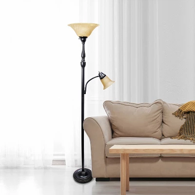 Torchiere Floor Lamp With Reading Light And Marble Glass Shades Restoration Bronze And Amber - Lalia Home 4 Torchiere Floor Lamp With Reading Light And Marble Glass Shades Restoration Bronze And Amber - Lalia Home - Image 2