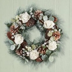 Collections Etc Holiday Winter Rose And Pine Hanging Door Wreath 15" X 3.5" X 15"