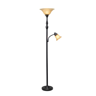 Torchiere Floor Lamp With Reading Light And Marble Glass Shades Restoration Bronze And Amber - Lalia Home 3 Torchiere Floor Lamp With Reading Light And Marble Glass Shades Restoration Bronze And Amber - Lalia Home