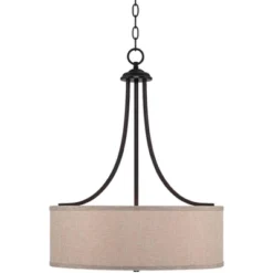 Franklin Iron Works Oil Rubbed Bronze Pendant Chandelier 19 1/2" Wide Farmhouse Rustic Oatmeal Linen Drum Shade Fixture For Dining Room Kitchen Island -Finest Home Decoration GUEST 99c2e44f b850 49c9 87da ab90e3663185