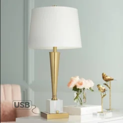Possini Euro Design Wayne Modern Table Lamps 29 1/4" Tall Set Of 2 Brass With USB Charging Port White Fabric Drum Shade For Bedroom Living Room Kids -Finest Home Decoration GUEST 9c4acf03 a683 4634 bef1 93c120513c08