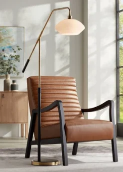 Possini Euro Design Modern Arc Floor Lamp 63 1/2" Tall Warm Gold Black Metal Milky White Glass Shade For Living Room Reading House