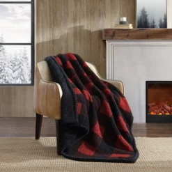 20"x20" Oversize Cabin Plaid Square Throw Pillow And 50"x60" Cabin Plaid Throw Blanket Red - Eddie Bauer