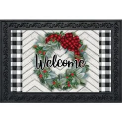 Briarwood Lane Winter Wreath Welcome Doormat Checkered Indoor Out