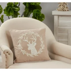 Saro Lifestyle Saro Lifestyle Beaded + Embroidered Reindeer Decorative Pillow Cover, Natural, 18" -Finest Home Decoration GUEST b6b58d20 aeed 4e61 9492 2b18024b87c9