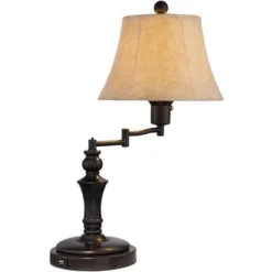 Regency Hill Traditional Desk Table Lamp Swing Arm With Hotel Style USB Charging Port 21.75" High Bronze Metal Faux Leather Bell Shade For Bedroom -Finest Home Decoration GUEST bd079b6a 8870 4fb5 9cd1 abf57992a38f