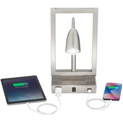 Possini Euro Design Modern Table Lamp With USB Outlet Reading Light LED 29.25" Tall Brushed Nickel Rectangular Off White Shade Bedroom Office -Finest Home Decoration GUEST c35c7439 94c9 43f0 9cd2 642b430b7a03