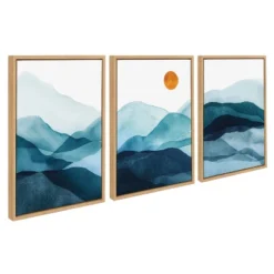 (Set Of 3) 18" X 24" Sylvie Blue Mountain Range Framed Canvas Set Natural - Kate & Laurel All Things Decor