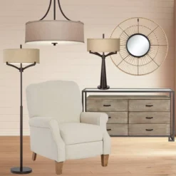 Franklin Iron Works Oil Rubbed Bronze Pendant Chandelier 19 1/2" Wide Farmhouse Rustic Oatmeal Linen Drum Shade Fixture For Dining Room Kitchen Island -Finest Home Decoration GUEST d03e8d9f 3cd2 455a 85e2 557df604c5da