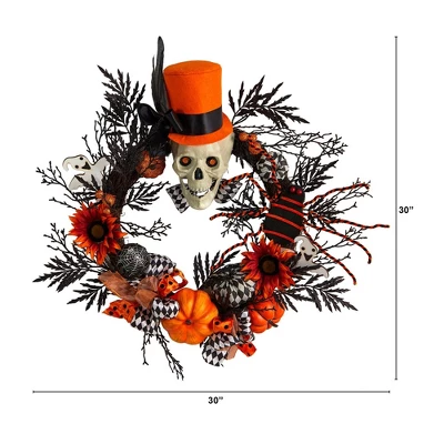 Nearly Natural 30” Spider And Skull With Top Hat Halloween Wreath 3 Nearly Natural 30” Spider And Skull With Top Hat Halloween Wreath