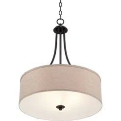 Franklin Iron Works Oil Rubbed Bronze Pendant Chandelier 19 1/2" Wide Farmhouse Rustic Oatmeal Linen Drum Shade Fixture For Dining Room Kitchen Island -Finest Home Decoration GUEST d4fac9b9 80d8 4e88 a873 07e92b7d0cfc