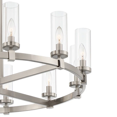 Stiffel Brushed Nickel Wagon Wheel Chandelier 36" Wide Modern Clear Glass Shade 12-Light Fixture For Dining Room House Kitchen 4 Stiffel Brushed Nickel Wagon Wheel Chandelier 36" Wide Modern Clear Glass Shade 12-Light Fixture For Dining Room House Kitchen - Image 2