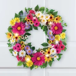 Collections Etc LED Lighted Artificial Mixed Daisies Front Door Wreath 17" X 5" X 17"