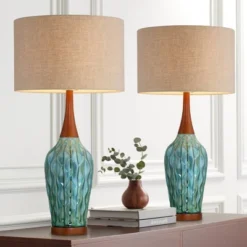 360 Lighting Rocco Modern Mid Century Table Lamps 30" Tall Set Of 2 Blue Teal Glaze Ceramic Linen Drum Shade For Bedroom Living Room Nightstand Home