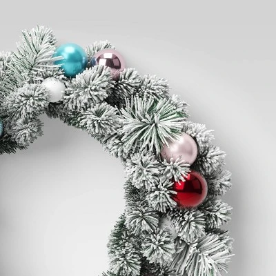 24" Flocked Pine With Ornaments Artificial Christmas Wreath Green/Brights - Wondershop™ 4 24" Flocked Pine With Ornaments Artificial Christmas Wreath Green/Brights - Wondershop™ - Image 2