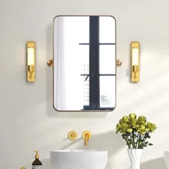 ANDY STAR 38 Inch Tall By 25 Inch Wide Rectangular Tilting Modern Floating Vanity Mirror With Rounded Edges And Adjustable Wall Mounts, Brushed Gold -Finest Home Decoration GUEST f5f0ad2d ba1c 428a b75d 95ac16c3885d