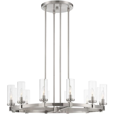 Stiffel Brushed Nickel Wagon Wheel Chandelier 36" Wide Modern Clear Glass Shade 12-Light Fixture For Dining Room House Kitchen 7 Stiffel Brushed Nickel Wagon Wheel Chandelier 36" Wide Modern Clear Glass Shade 12-Light Fixture For Dining Room House Kitchen - Image 5